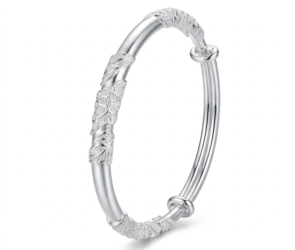 Elegant Floral Leaf Engraved Sterling Silver Bangle