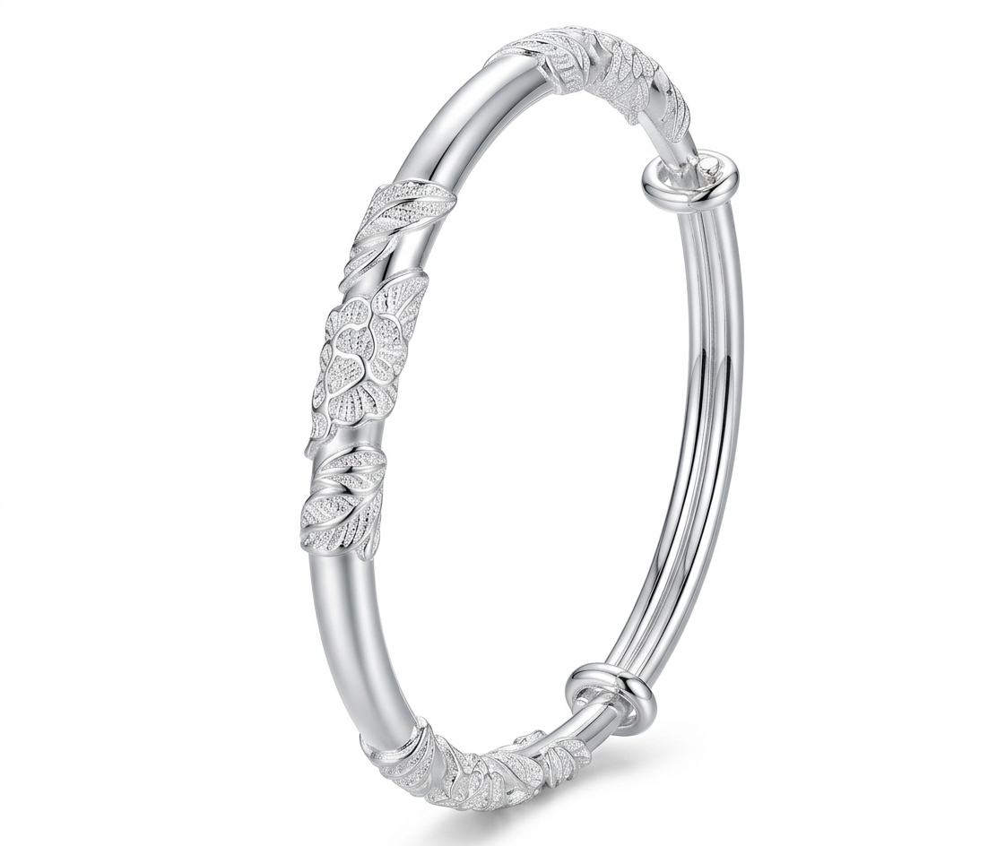 Elegant Floral Leaf Engraved Sterling Silver Bangle