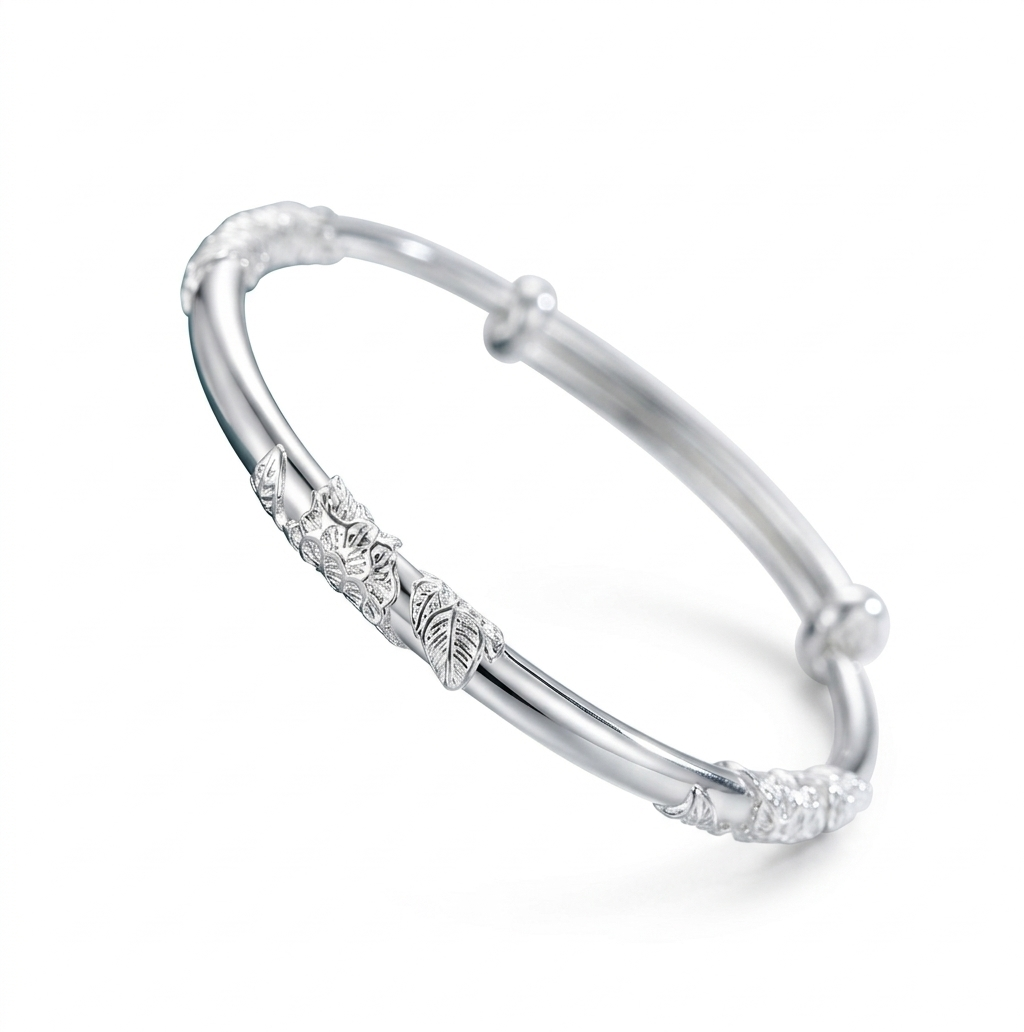Elegant Floral Leaf Engraved Sterling Silver Bangle