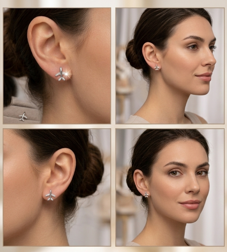 925 Sterling Silver Airplane Stud Earrings (Cleaning Cloth + Gift Box)