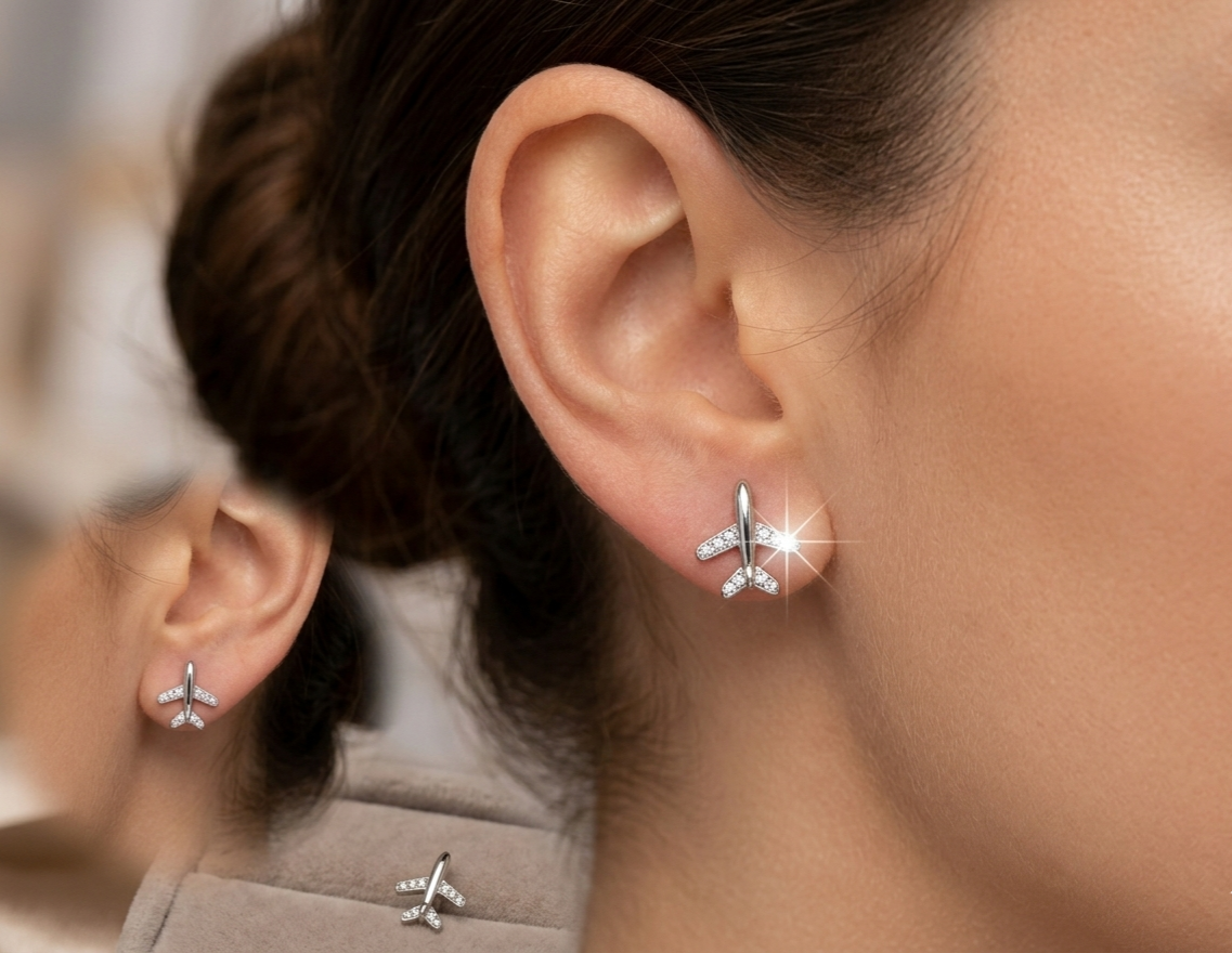 925 Sterling Silver Airplane Stud Earrings (Cleaning Cloth + Gift Box)