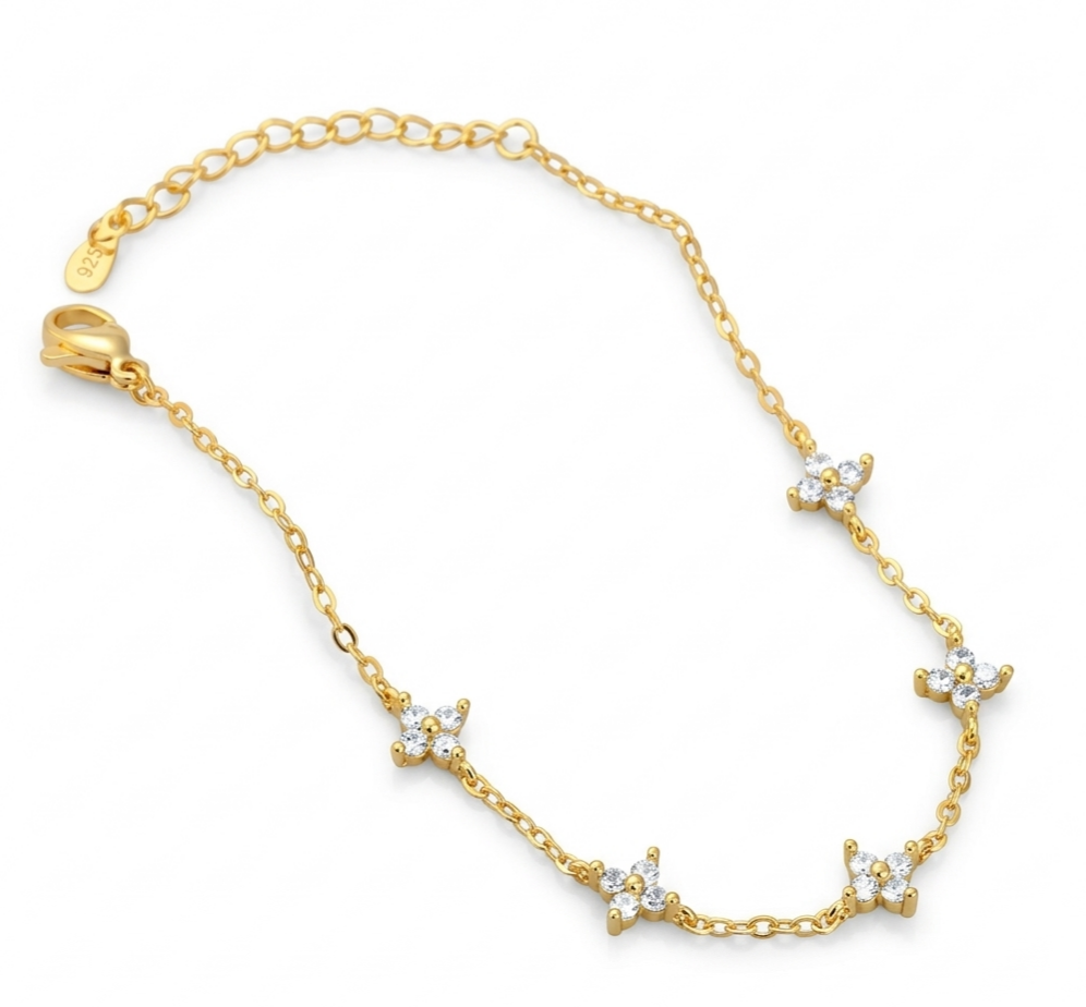 18K Gold Plated 925 Sterling Silver Dainty Flower Bracelet for Women