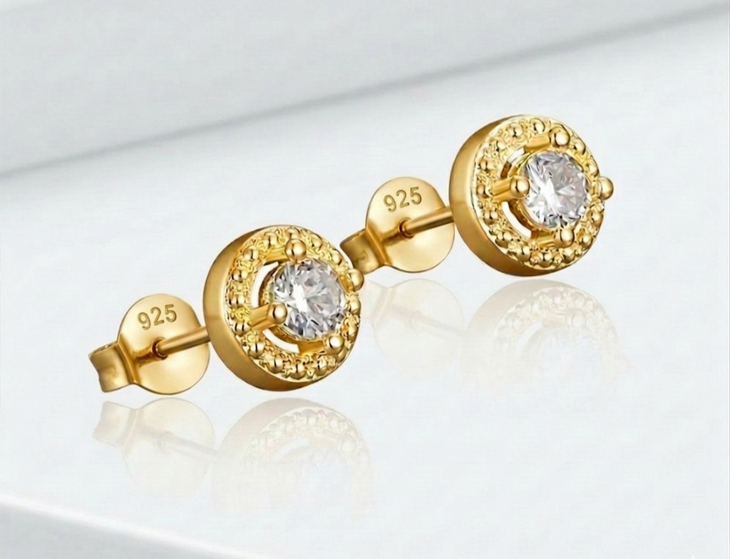 18K Gold Halo Diamond Stud Earrings