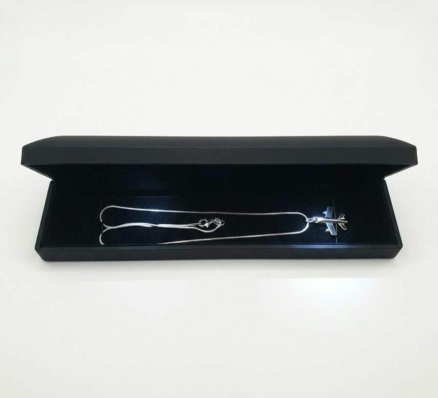 925 Sterling Silver Airplane Necklace Pendant - Snake Chain - LED Light Gift Box